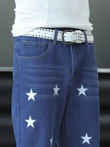 Manfinity Roughcore Men's Casual Multi-Pockets Five-Pointed Star Allover Print Simple Denim Jeans - Blue - View 5