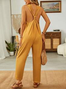 Breezaya Bộ áo liền quần màu trơn thông thường mùa xuân/hè xoắn lại để mặc hàng ngày - Màu vàng - Xem 2