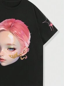 ROMWE MEN Street Life Áo thun tay ngắn họa tiết chân dung Graffiti dành cho nam - màu đen - Xem 4