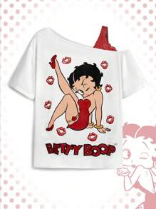 Betty Boop | ROMWE Plus Size Cartoon Character And Lips Printed Contrast Lace Asymmetrical Shoulder T-Shirt, Summer