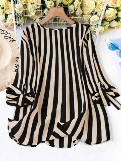 SHEIN LUNE V-Neck Tie-Up 3/4 Sleeve Casual Striped Holiday Shirt, Summer,Three Quarter Sleeve Tops