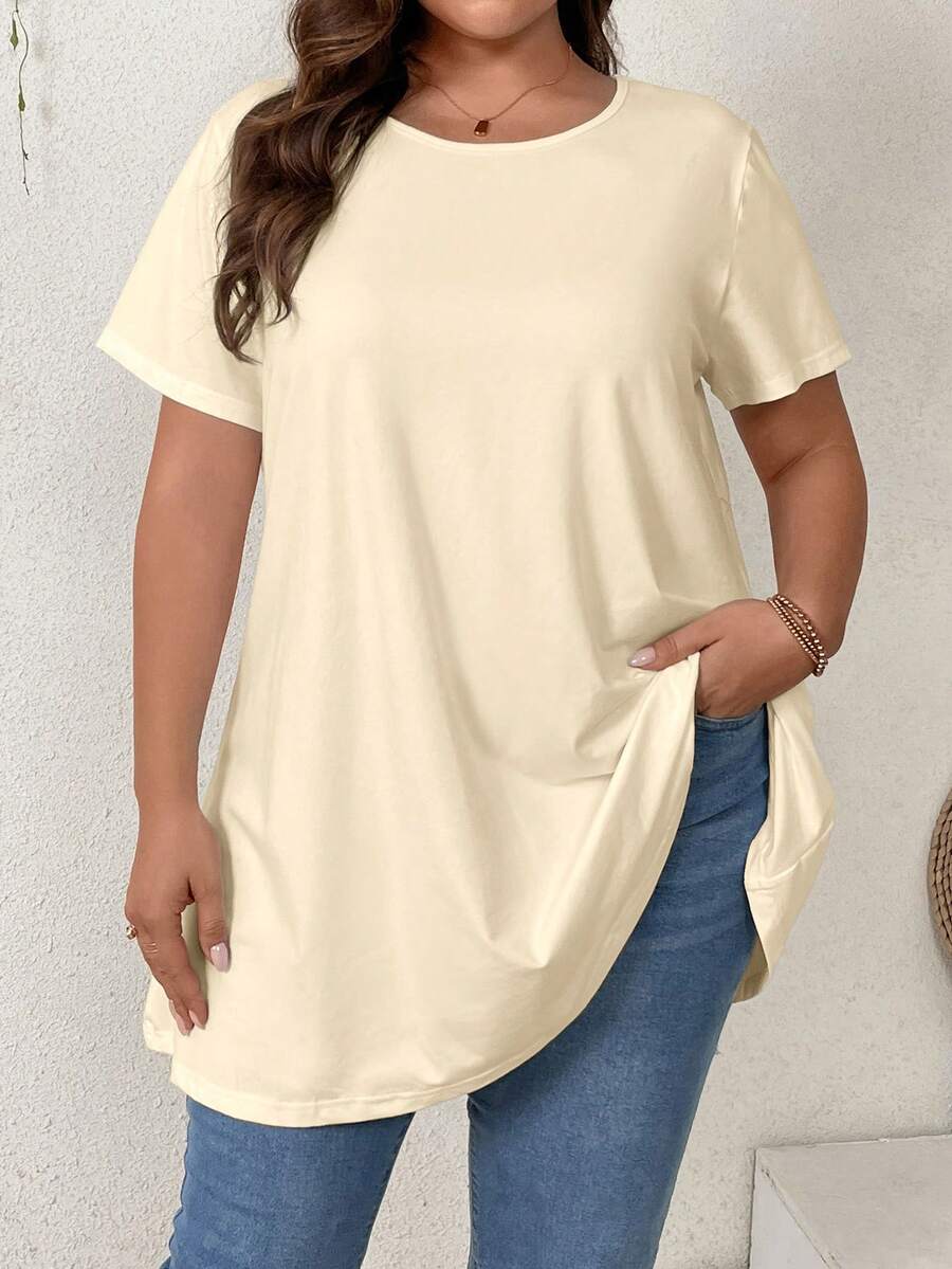 SHEIN Privé Camiseta suelta de manga corta de longitud midi, de línea A, de unicolor y elegante, para tallas grandes en verano - Albaricoque - Ver 1