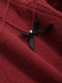 DAZY 女士单排扣蝴蝶结休闲长袖开衫，秋季服装外套圣诞节 - 酒紅色 - 查看 7