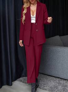 Chiquease Women's Solid Color Jacket And Pants 2-Piece Suit Set Fall Cloth For Women - Burgundy - View 4