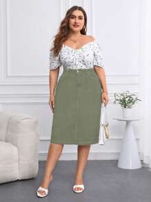 EMERY ROSE Plus Size Straight Stretch Denim Skirt - Army Green - View 4