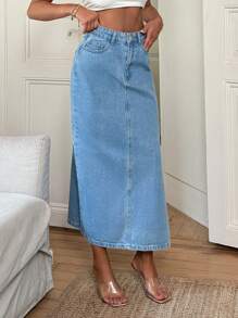 RueChic MID WAIST SLIT DENIM SKIRT - Medium Wash - View 7