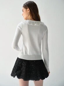 Enchnt Elegant White And 's Cardigan,Peter Pan Collar Lace Bow Sweater,Autumn Christmas Sweaters For Tea Party, Cardigans For Dates - White - View 4