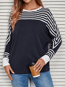 EMERY ROSE 女式宽松休闲 T 恤，长袖上有细条纹和纯色拼布