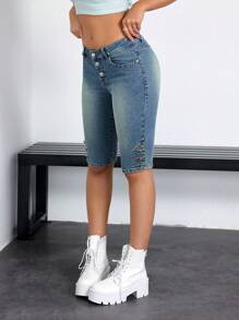 SHEIN EZwear Quần denim dài đến đầu gối một hàng khuy dành cho nữ, mùa hè - Rửa trung bình - Xem 2