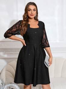 SHEIN Clasi 大码长袖撞色网眼亮片装饰休闲黑色连衣裙