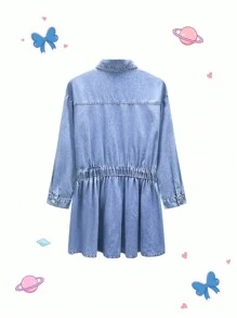 Girls Preppy Street Button Front Denim Shirt Dress With Elastic Waist, Girls Must-Have Back To School Item - Light Wash - View 2