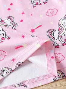 SHEIN Leap Crew Young Girls' Knitted Unicorn Pattern Top & Bottom And Love Pattern Top & Knitted Pants Snug Fit Homewear Set, 2pcs/Set - Pink - View 4