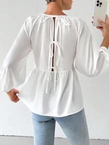 SHEIN Privé Women's Summer Casual Elegant Vacation Loose White Blouse With Tie Back, Lantern Sleeves And Ruffle Hem Fall Blouses