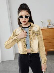 Teen Girls' Faded Denim Long Sleeve Jacket - Brown - View 4