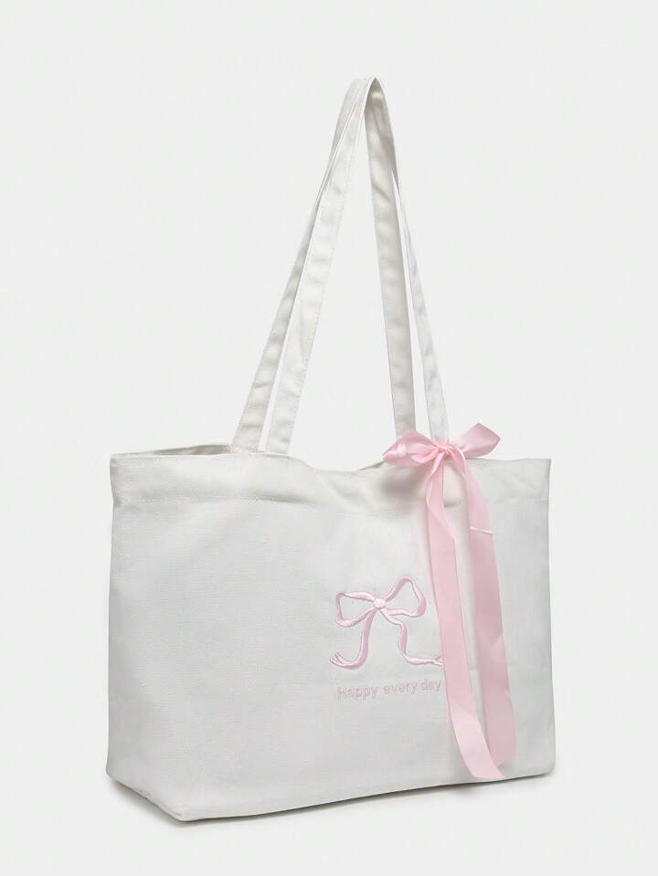 Kawaii Women's Vintage Bow-Knot Embroidery English Slogan Bow-Knot Tied Big  Capacity Tote Bag, Suitable For Shopping And School