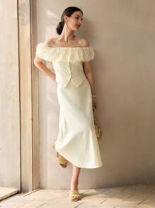 MOTF PREMIUM 露肩褶饰荷叶边修身上衣 - 杏色 - 查看 6