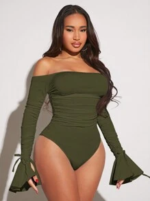 SHEIN SXY 女士露肩长款喇叭袖褶皱系带紧身衣 - 軍綠色 - 查看 5