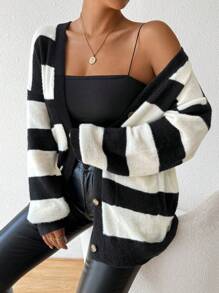 Chiquease 新款秋冬条纹仿貂绒女式开衫 - 黑與白 - 查看 5