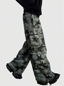ROMWE MEN Street Life Men's Drawstring Waist Star Print Cargo Pants, School, For Fall