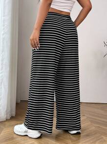 SHEIN EZwear Quần ống đứng lưng cao, rộng rãi, thoải mái mùa hè cỡ lớn dành cho nữ, nền trắng, vải dệt kim sọc đen, có túi - màu đen - Xem 2