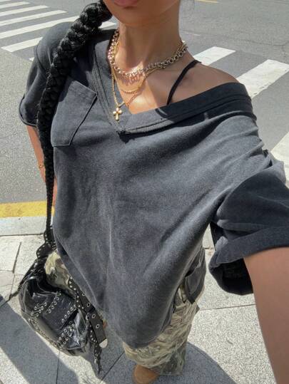 Muchica 女士休闲黑色超大落肩宽松 T 恤，夏季