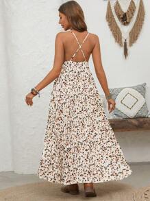 SHEIN VCAY Women's High Slit Pleated Vacation Floral Print Spaghetti Strap Backless Dress - Multicolor - View 1