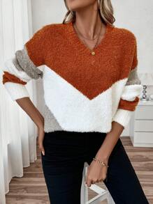 SHEIN LUNE Suéter casual de manga larga de punto con contraste de color para mujeres - Multicolor - Ver 1