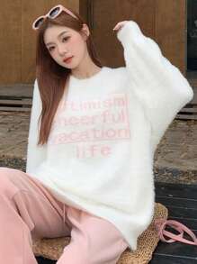 DAZY 女士休闲字母印花针织毛衣、长袖上衣秋季 - 白色 - 查看 8