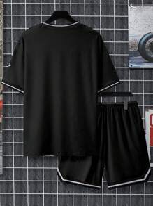 Manfinity Homme Men's Casual Letter & Basketball Print T-Shirt & Shorts Set, Summer - Black - View 2