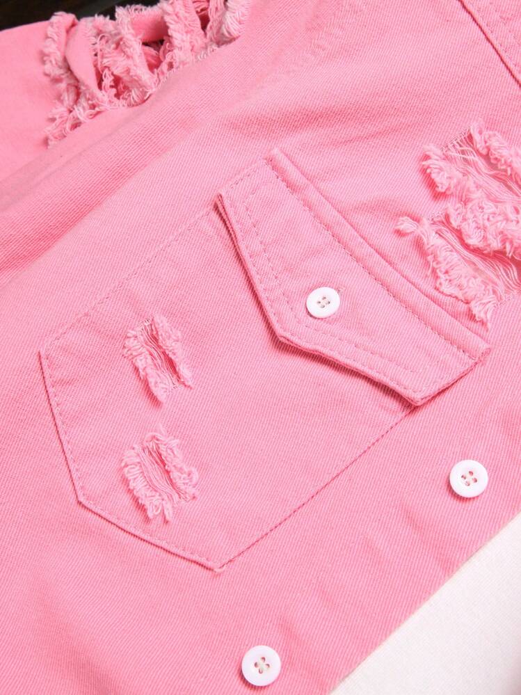 Manfinity Homme Men's Button Up Ripped Distressed Design Short Sleeve Casual Street Style Denim Shirt - Pink - View 4