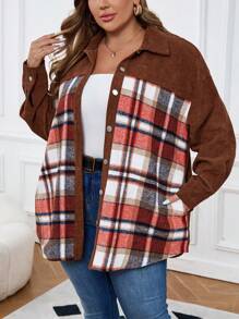 EMERY ROSE Plus Size Solid Color Patchwork Front Button Long Sleeve Jacket, Casual Wear - Multicolor - View 1