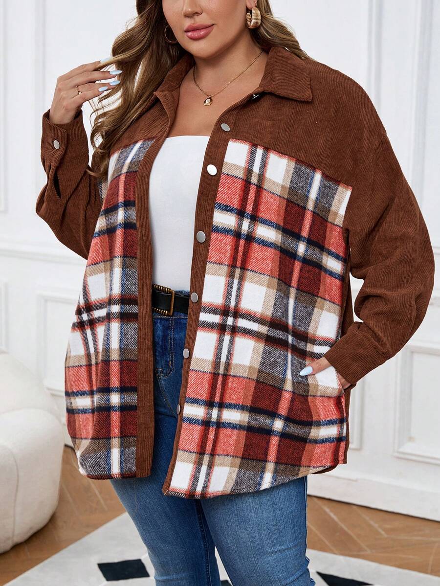 EMERY ROSE Plus Size Solid Color Patchwork Front Button Long Sleeve Jacket, Casual Wear - Multicolor - View 1