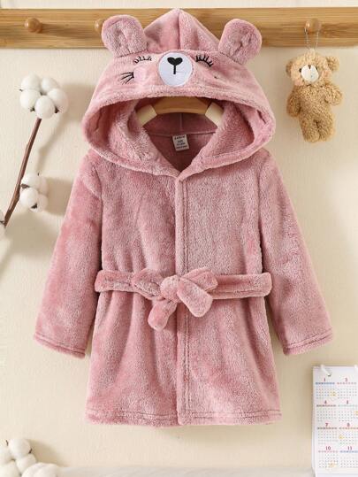 SHEIN Bata de baño con capucha acolchada y bordada con dibujos adorables para bebé niña, con cinturón desmontable, para otoño/invierno