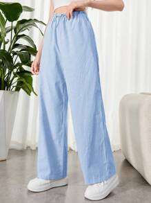 SHEIN 少女编织条纹蝴蝶结装饰松紧腰宽松休闲裤 - 藍色 - 查看 6