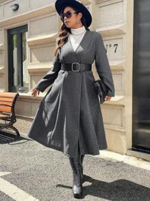 SHEIN Unity Plus Size Casual Double-Breasted Long Overcoat, Autumn & Winter