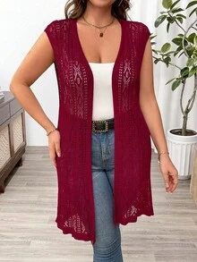 SHEIN Franclia Plus Size Nữ Đơn Giản Màu Trơn Không Tay Rỗng Áo Cardigan - Màu Đỏ Sâu - Xem 4