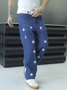Manfinity Roughcore Men's Casual Multi-Pockets Five-Pointed Star Allover Print Simple Denim Jeans - Blue - View 6