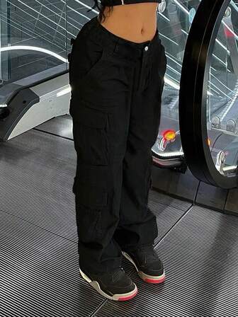 2024 Simple Black Utility Denim Straight-Leg Cargo Pants