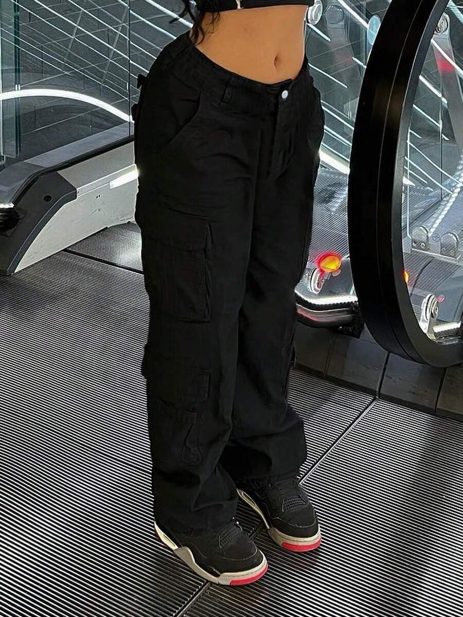 2024 Simple Black Utility Denim Straight-Leg Cargo Pants Casual - Black - View 1