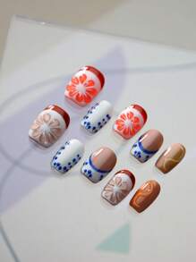 Elevate Your Style With Creative 10pcs Square Short Handmade French Porcelain Printing Japanese Style Fake Nail Creative 3d Three-Dimensional Decoration Orange Summer Nordic Funny Full Coverage Acrylic False Nail For Women And Girls - Multicolor - View 5