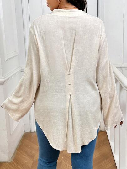 SHEIN Frenchy Plus Size Casual V-Neck Plain Button Down Long Sleeve Pullover Shirt