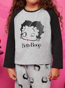 Betty Boop x SHEIN Top de Manga Longa Raglan com Contraste Gráfico Cartoon de Menina Jovem e Calça Casual - Multicolorido - Visão 5