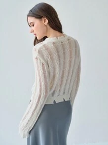 Enchnt 女士圆领镂空设计长袖休闲迷人柔软毛衣 - 白色 - 查看 3