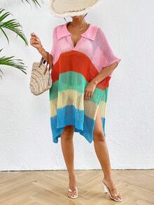 SHEIN Swim Farbblock Lochmuster Stricklockerungssitz Schlitz Strand Vacation Überzieherkleid für den Sommer - Verschiedenfarbig - Übersicht 4