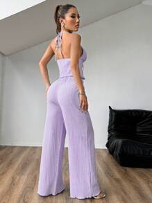 SHEIN Unity مجموعة تتكون من ملابس علوية ذات ربطة للرقبة وخصر ضيق في المقدمة مع بنطلون طويل، ملابس كاجوال، قطعتان - الأرجواني - مشاهدة 2