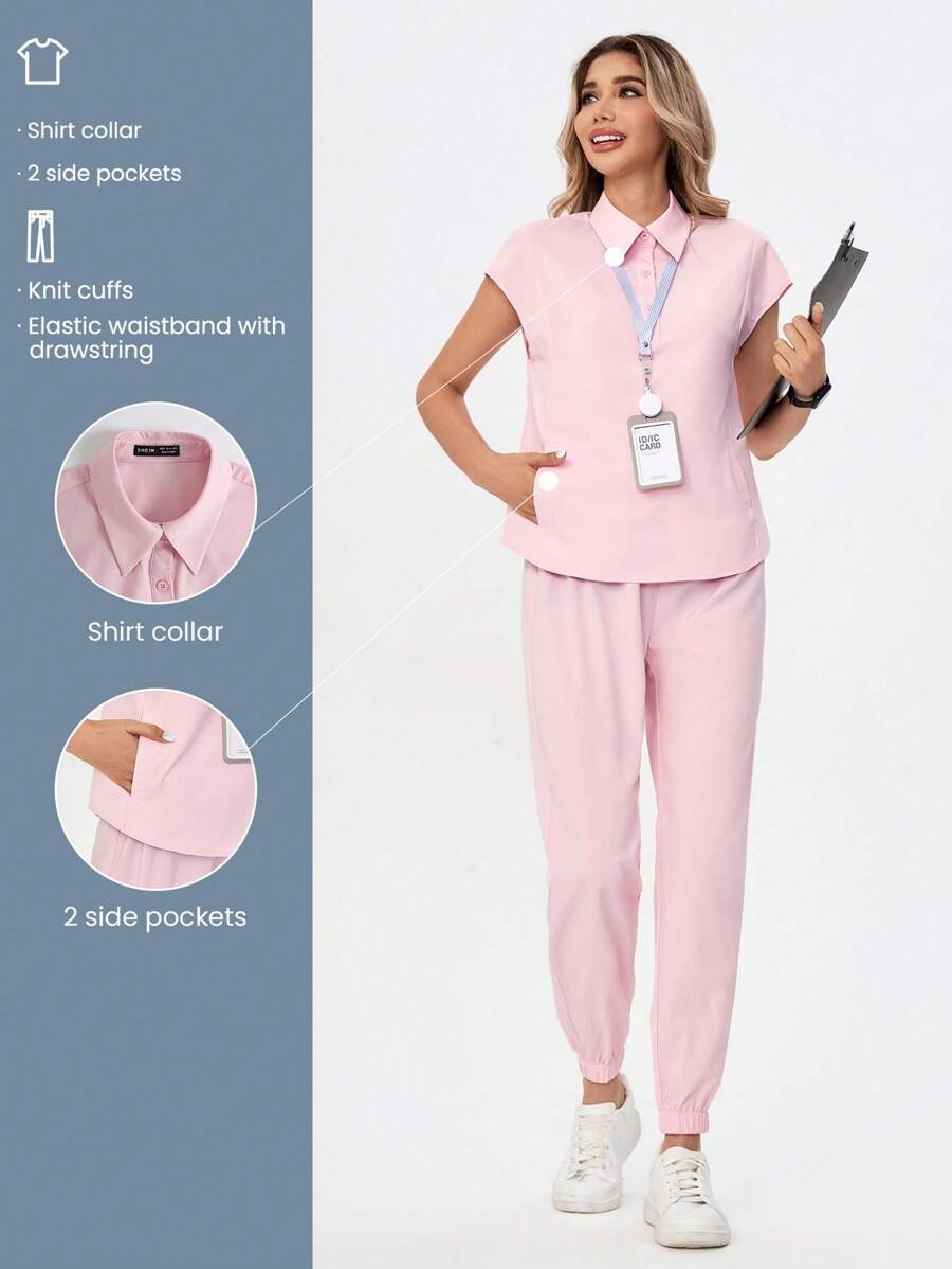 TaskEZ Pink Summer Scrub Nurse Uniform Short Sleeve Top Jogging Trousers Two-Piece Set Clothes - Pink - View 1
