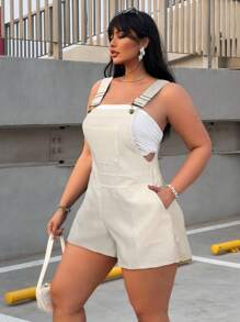 Flirla Plus Size Women's Summer Pocket Patched Solid Color Minimalist Daily Overall Romper