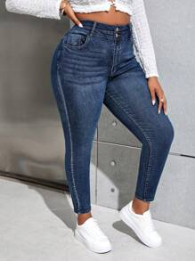 SHEIN PETITE CURVE Quần Jeans Denim Ôm Vừa Cổ Điển Thường Ngày Size Lớn - Màu xanh lam - Xem 6