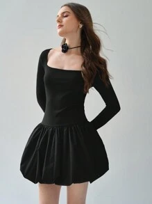 Enchnt Women's Romantic Fall Holiday Square Neck Long Sleeve Fitted Elegant Charming Sweet Cute Black Dress - Black - View 7