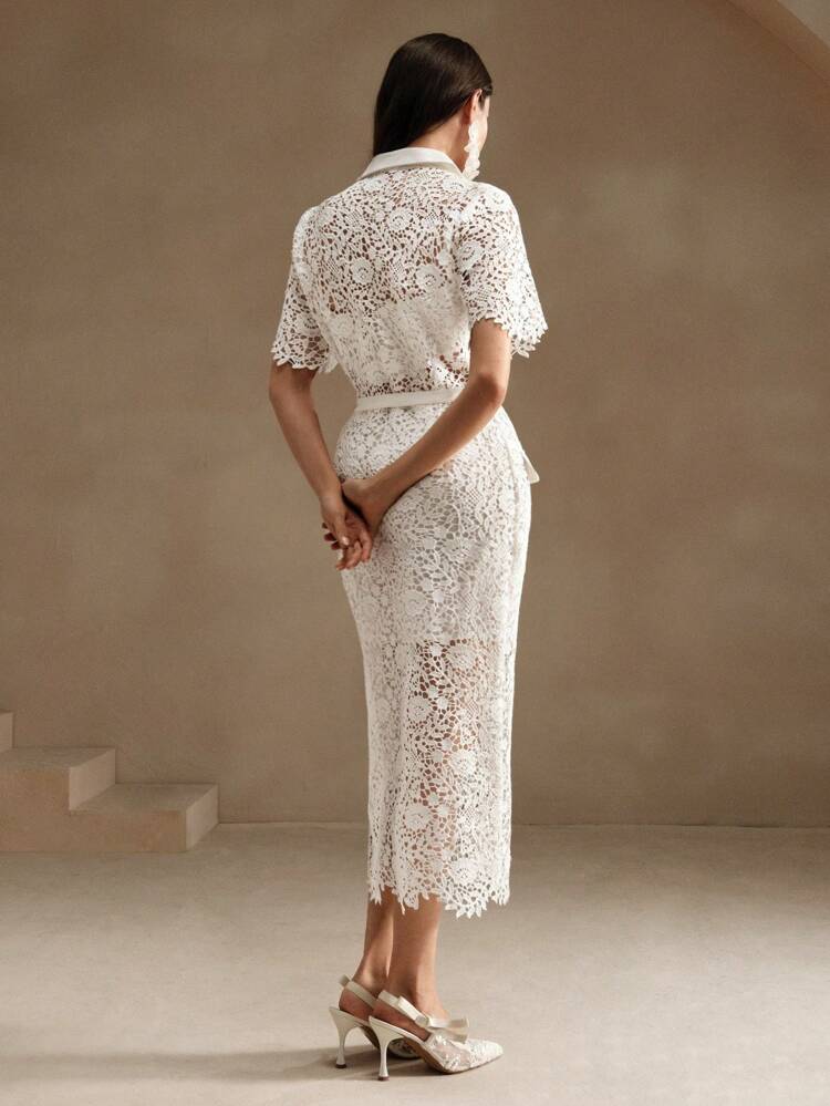 Women's Textured White Lace Hollow-Out Classic Shirtdress For Holiday Party Clothes Maxi Women Outfit